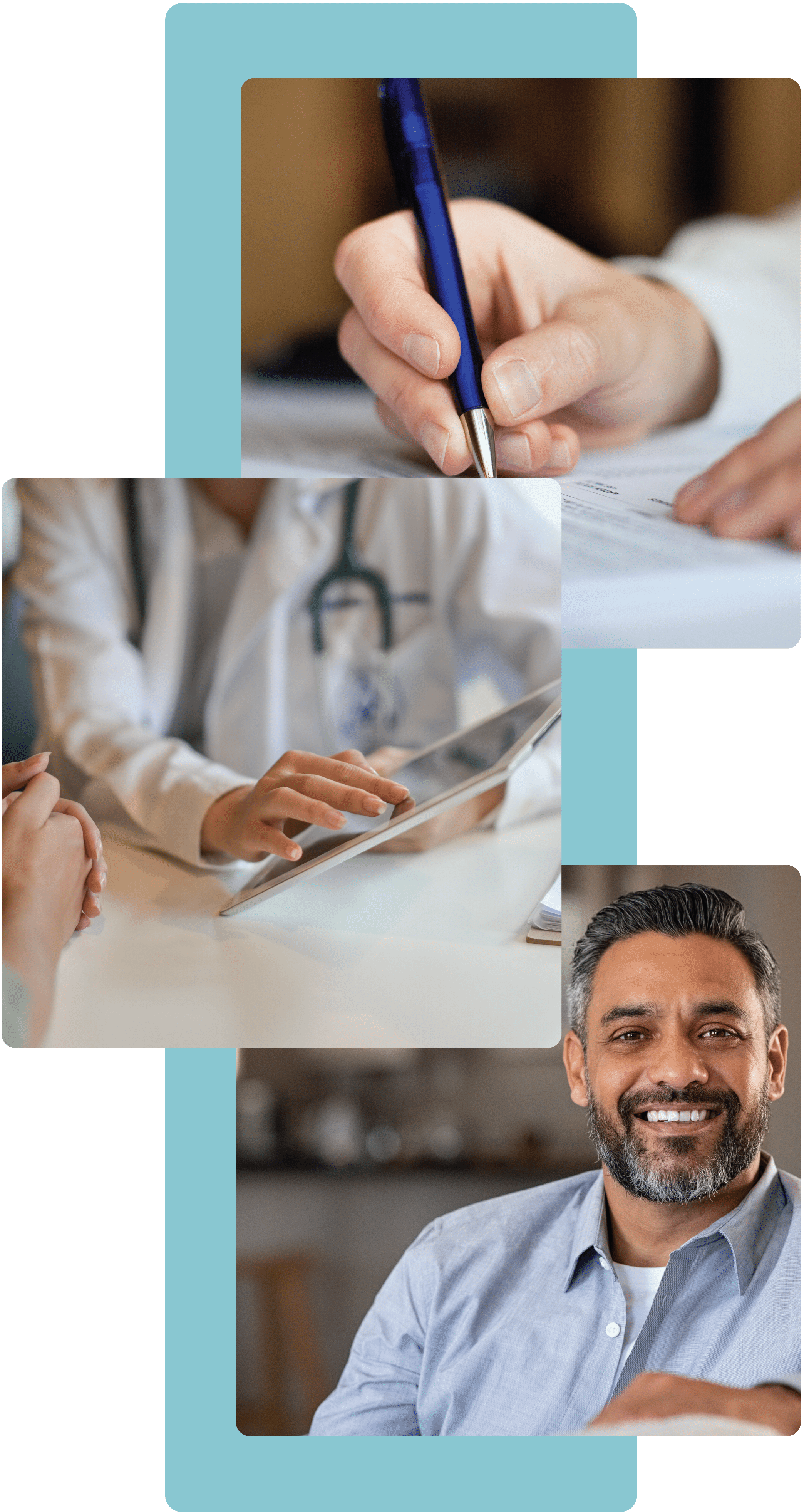 three pictures of a man smiling, dr during consultation, and hand signing paper with a pen