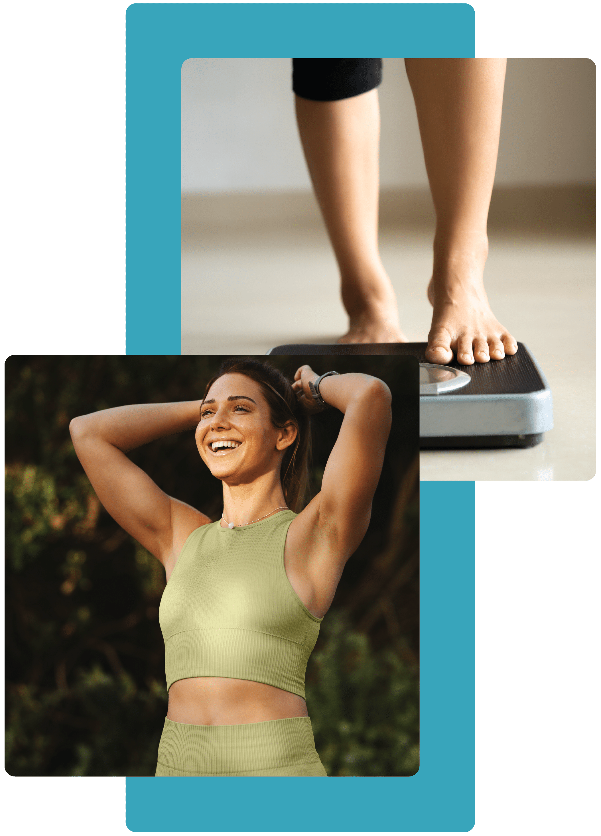 two pictures of a bodyweight scale and person exercising