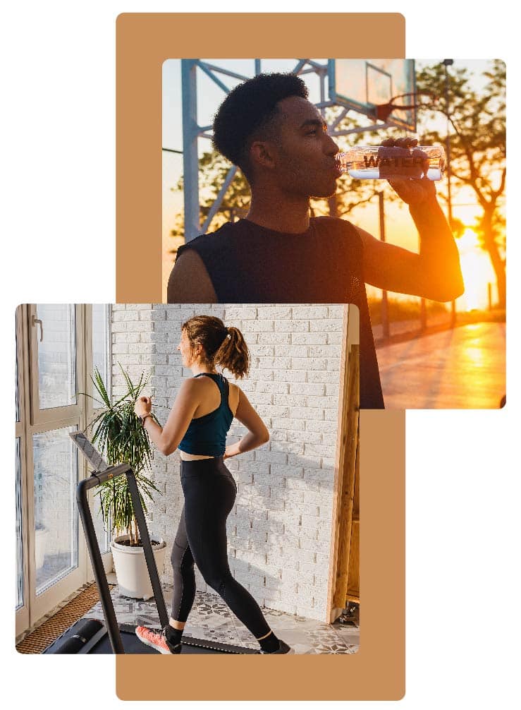 two pictures of a couple and a man on a yoga mat